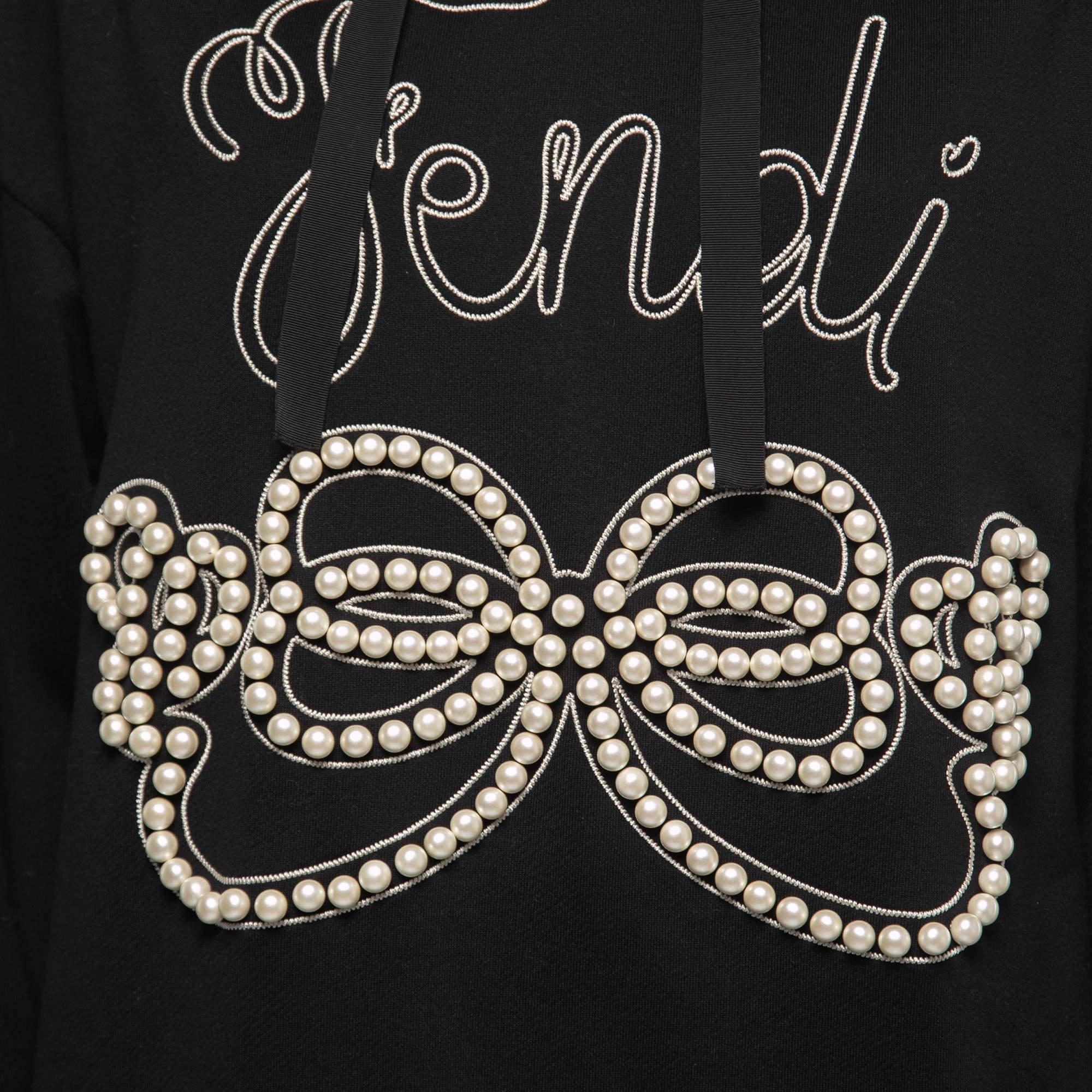 Fendi Black Cotton Logo Embroidered Pearl Long Hoodie S In New Condition In Dubai, Al Qouz 2
