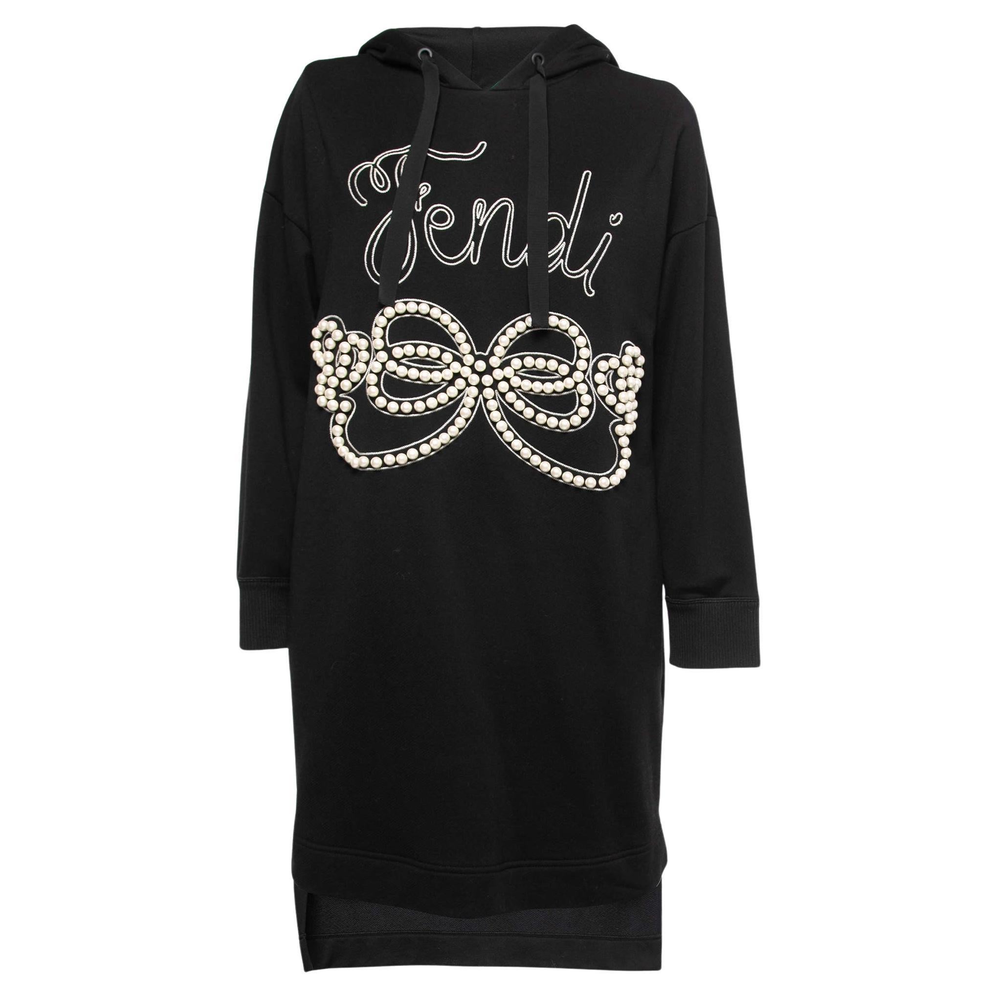Fendi Black Cotton Logo Embroidered Pearl Long Hoodie S