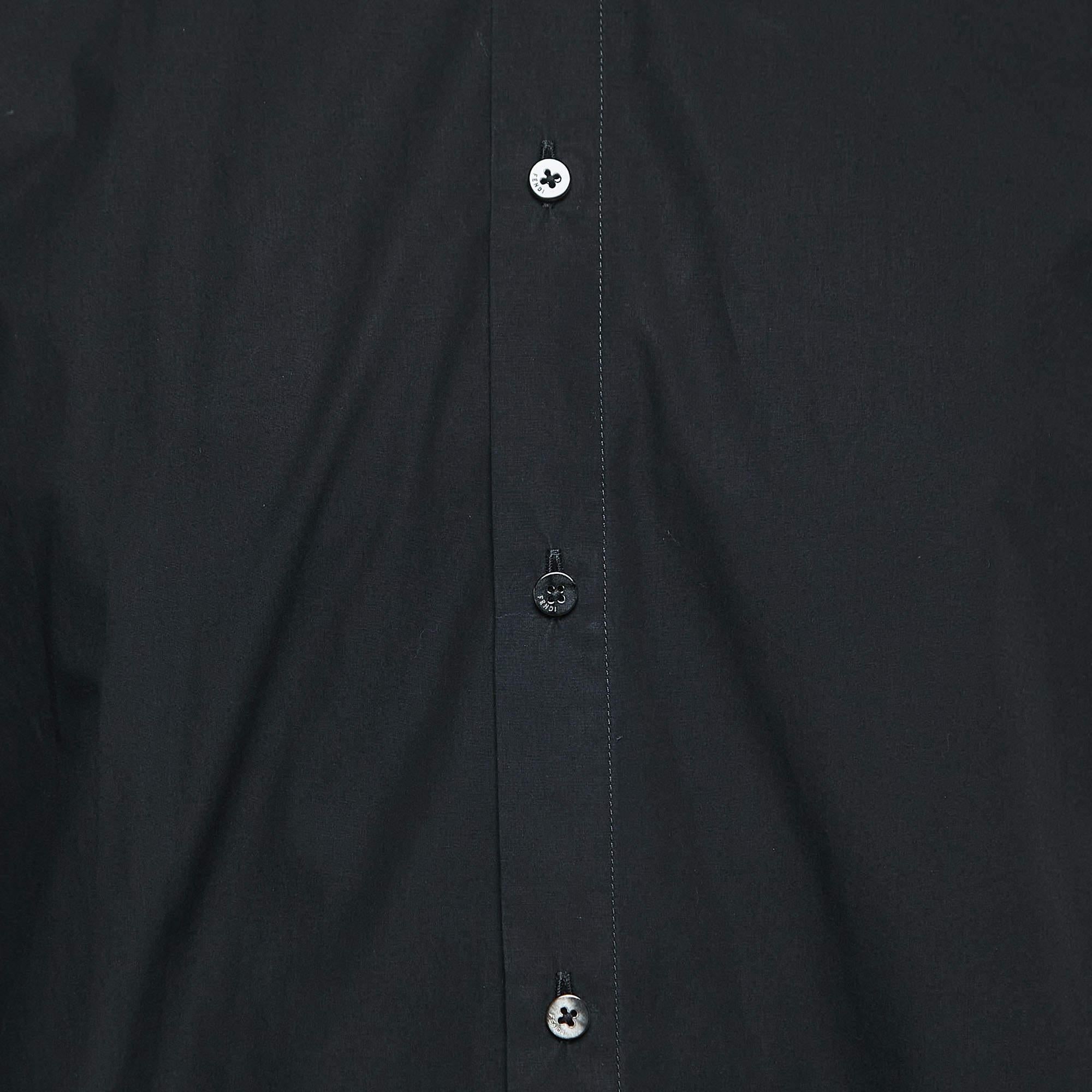 Fendi Black Cotton Logo Tape Detailed Button Front Shirt M 1