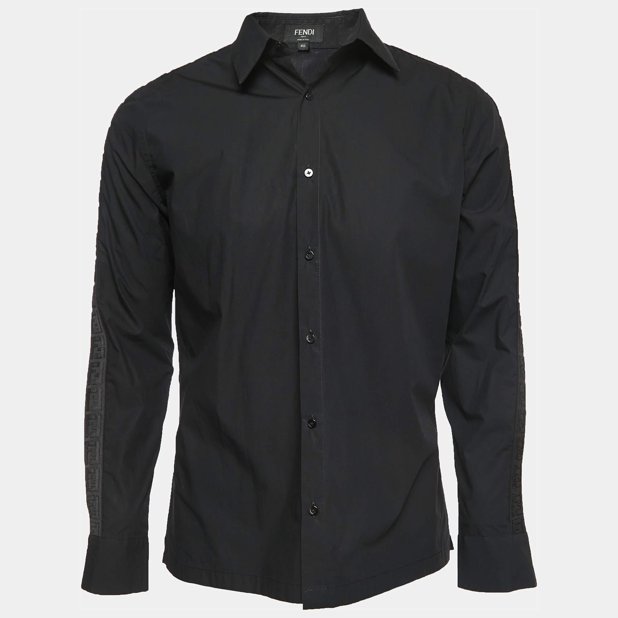 Fendi Black Cotton Logo Tape Detailed Button Front Shirt M