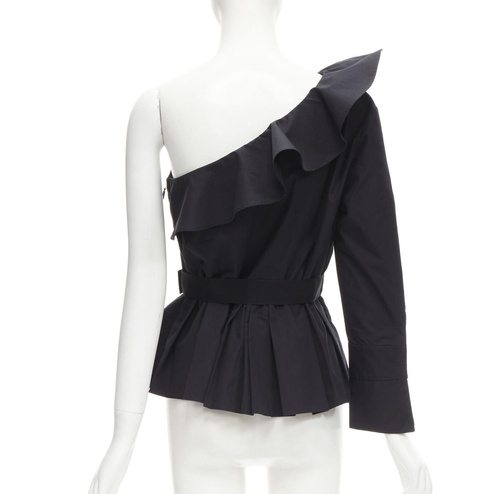 FENDI black cotton ruffle one shoulder belted peplum top IT42 M In Excellent Condition For Sale In Hong Kong, NT