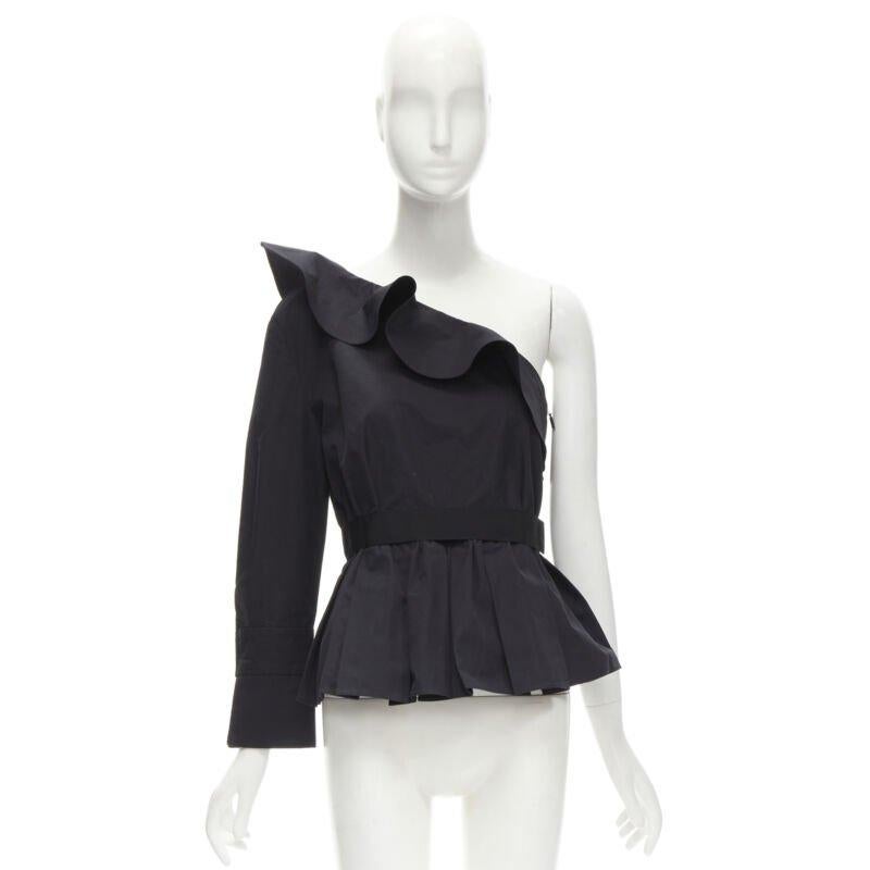 FENDI black cotton ruffle one shoulder belted peplum top IT42 M For Sale 4