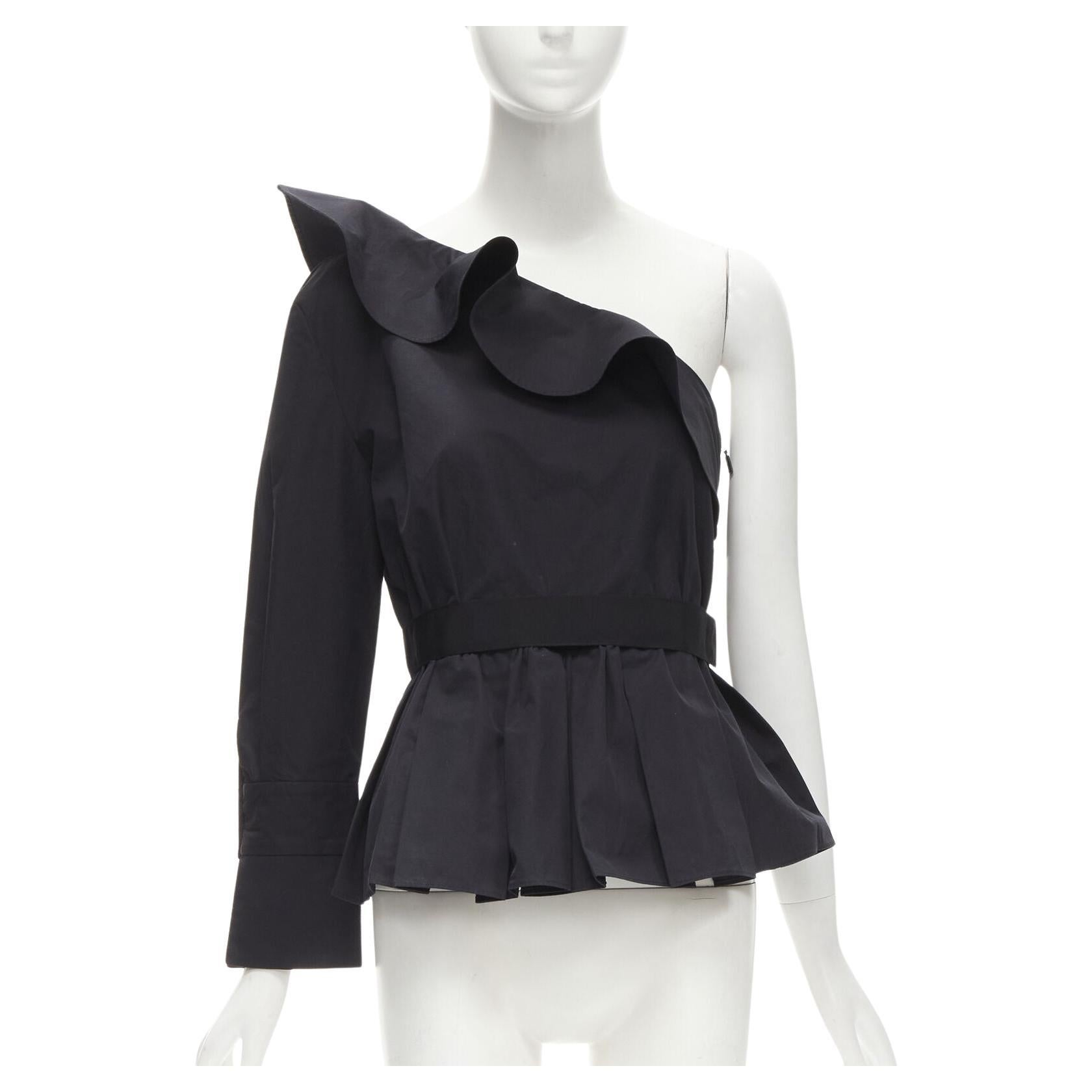 FENDI black cotton ruffle one shoulder belted peplum top IT42 M For Sale