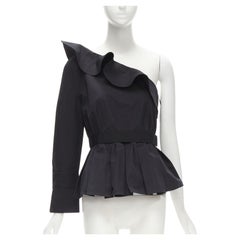 FENDI - Top peplum ceinturé à une épaule en coton noir à volants IT42 M