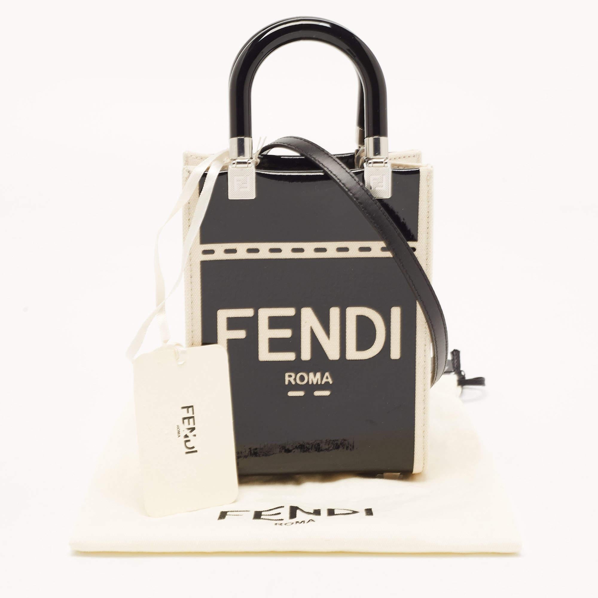 Fendi Black/Cream Patent Leather and Canvas Mini Sunshine Tote 7