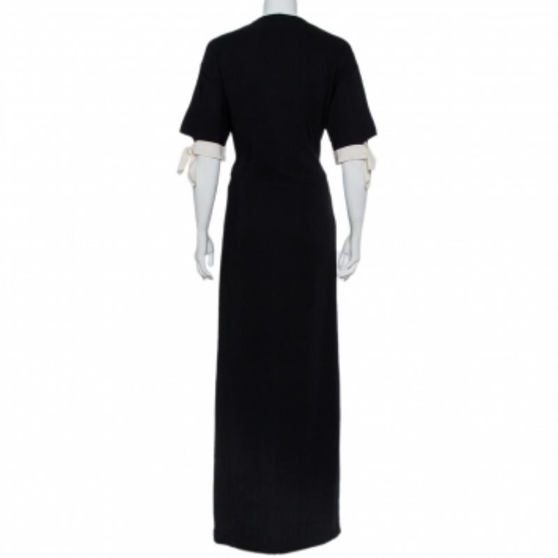 Fendi Black Crepe Contrast Trim Front Slit Detail Long Dress M For Sale 1