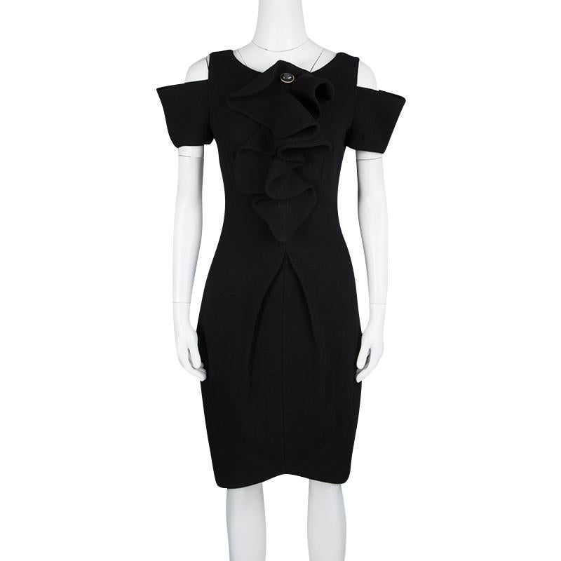 Fendi Black Crepe Ruffle Detail Cold Shoulder Dress M In Good Condition In Dubai, Al Qouz 2