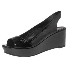 Fendi Black Crinkled Patent Leather FF Wedge Slingback Sandals Size 37