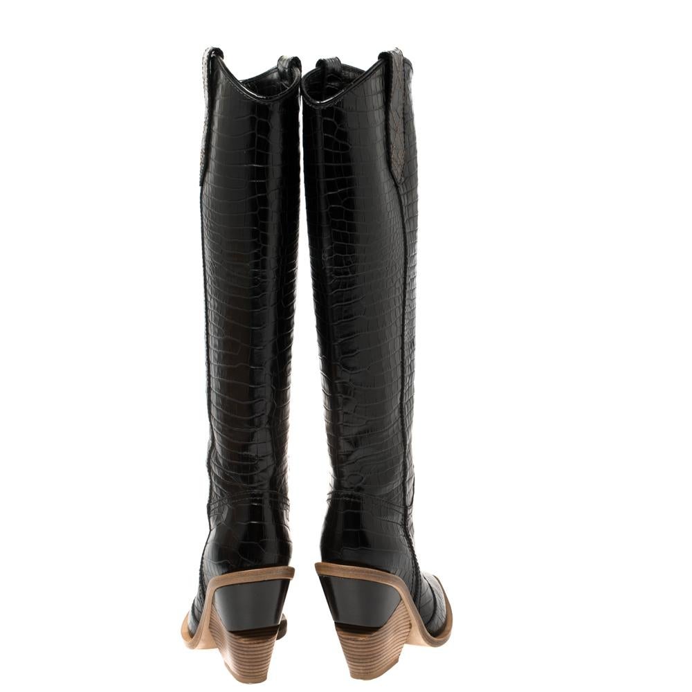 Fendi Black Croc Embossed Leather Cowboy Boots Size 35 In Good Condition In Dubai, Al Qouz 2