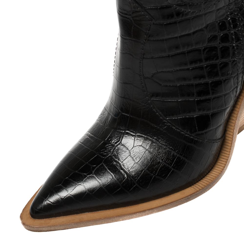 Fendi Black Croc Embossed Leather Cowboy Boots Size 35 1