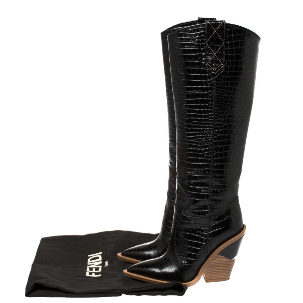 Fendi Black Croc Embossed Leather Cowboy Boots Size 35 2