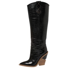 Fendi Schwarz Croc geprägte Leder Cowboystiefel Größe 35
