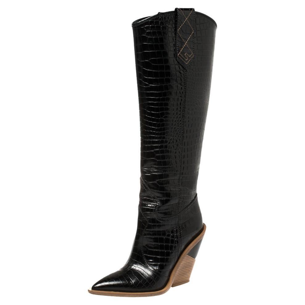 Fendi Black Croc Embossed Leather Cowboy Boots Size 35
