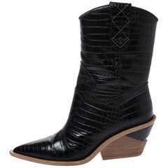 Fendi Black Croc Embossed Leather Cowboy Boots Size 38