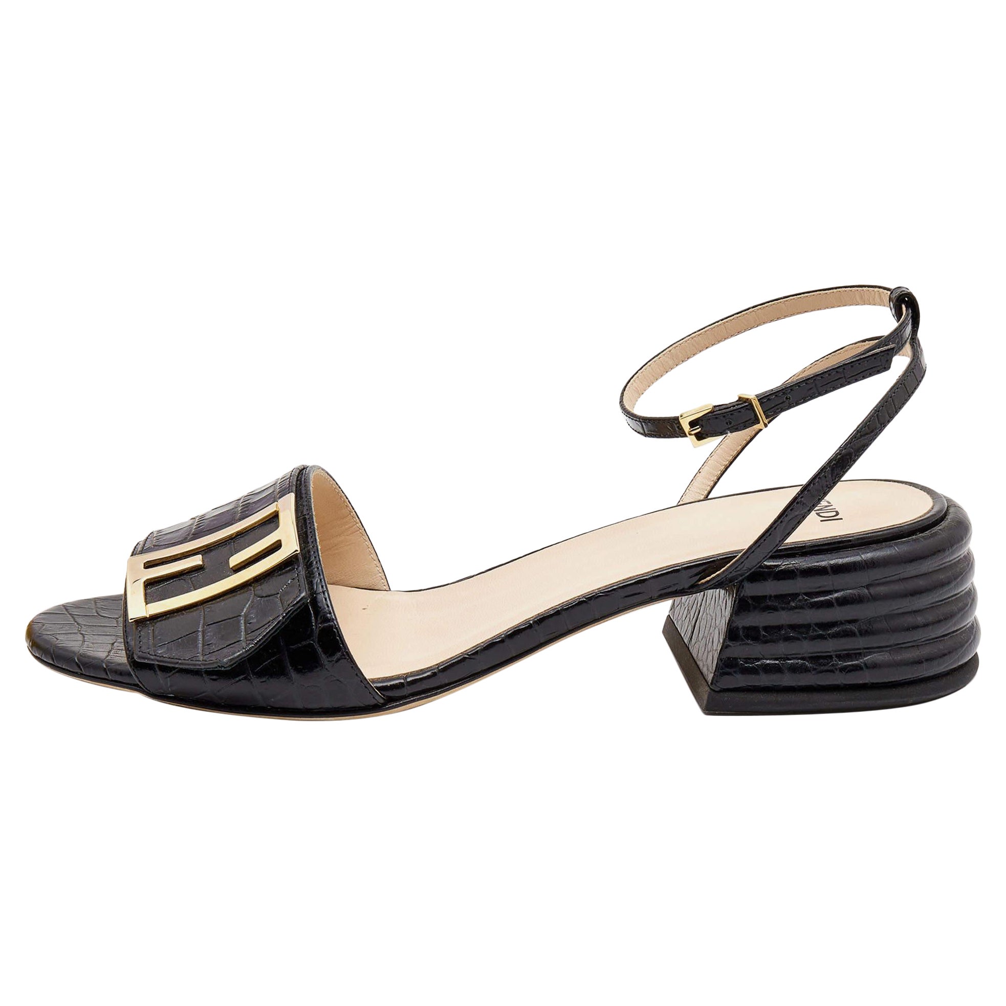 Fendi Black Croc Embossed Leather Promenade Ankle Strap Sandals Size 38.5