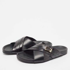 Fendi Black Crocodile and Leather Flat Slides Size 41