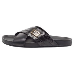 Fendi Black Crocodile and Leather Flat Slides Size 41