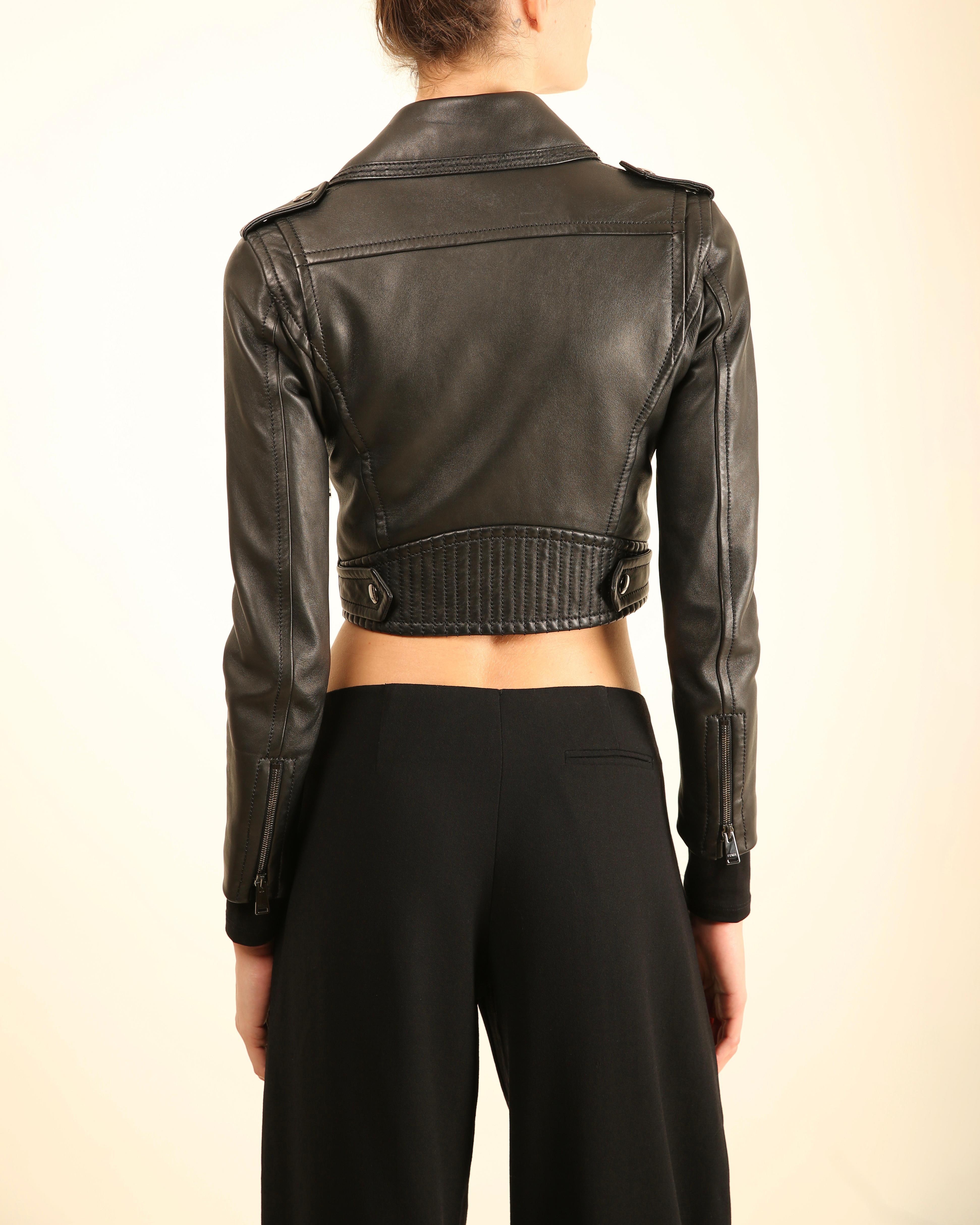 Fendi negro recortado plata cremallera ajustada chaqueta de cuero abrigo IT 36 XS en venta 6