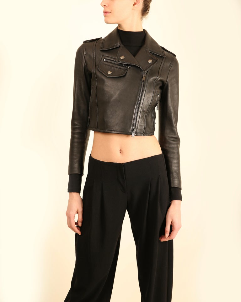 Fendi black cropped silver zip fitted leather jacket coat IT 36 XS
