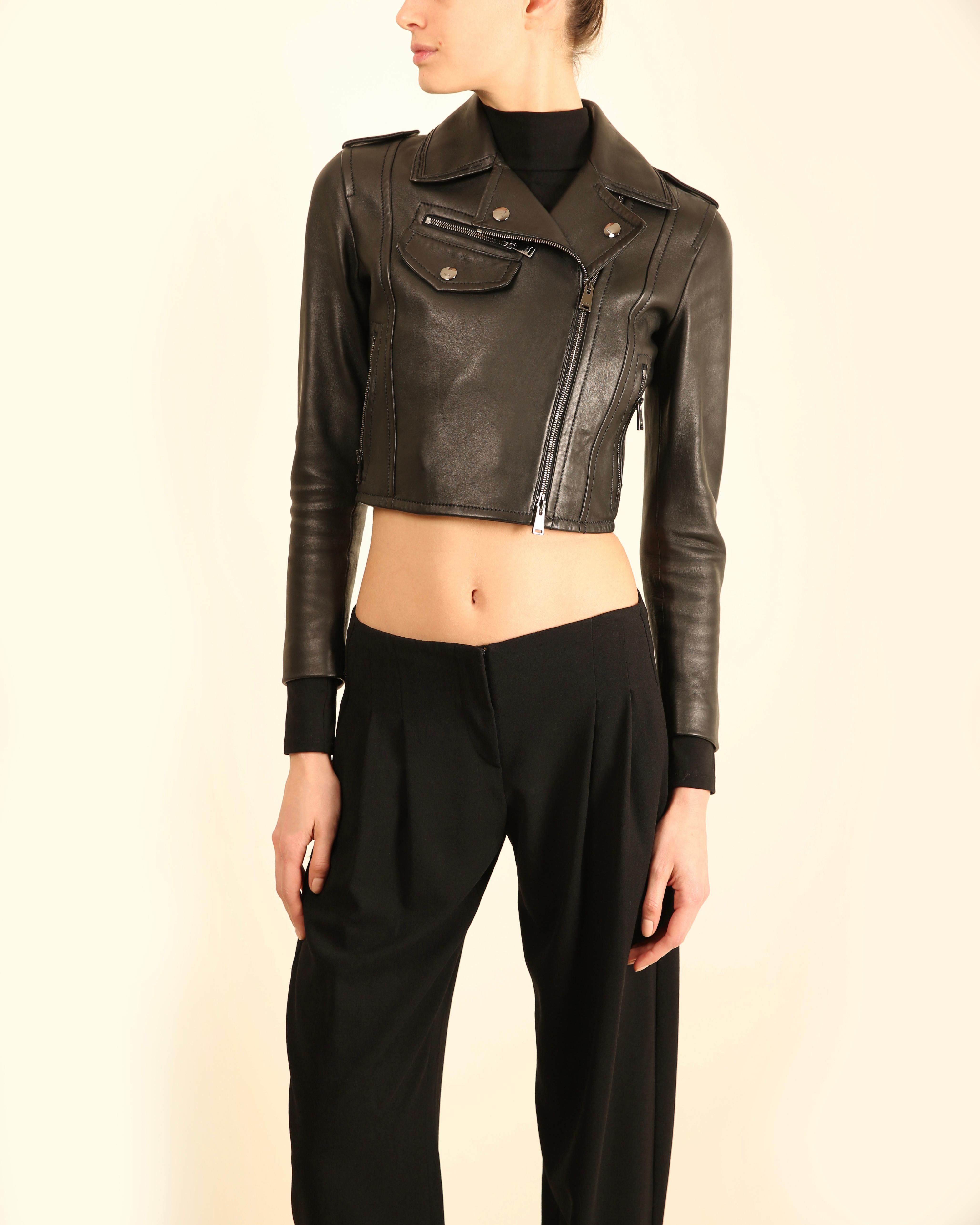 Fendi negro recortado plata cremallera ajustada chaqueta de cuero abrigo IT 36 XS Negro en venta