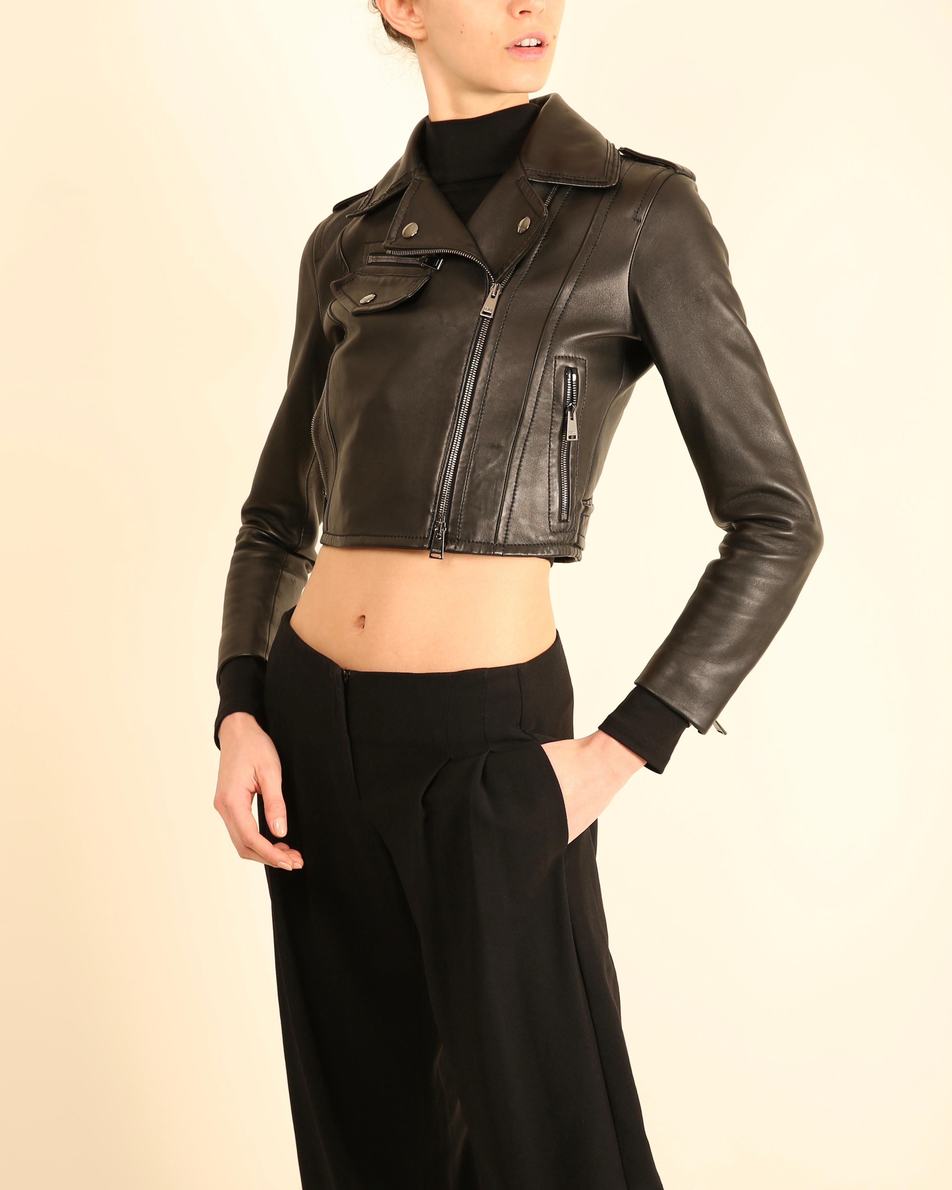 Fendi noir cropped silver zip fitted leather jacket coat IT 36 XS Unisexe en vente
