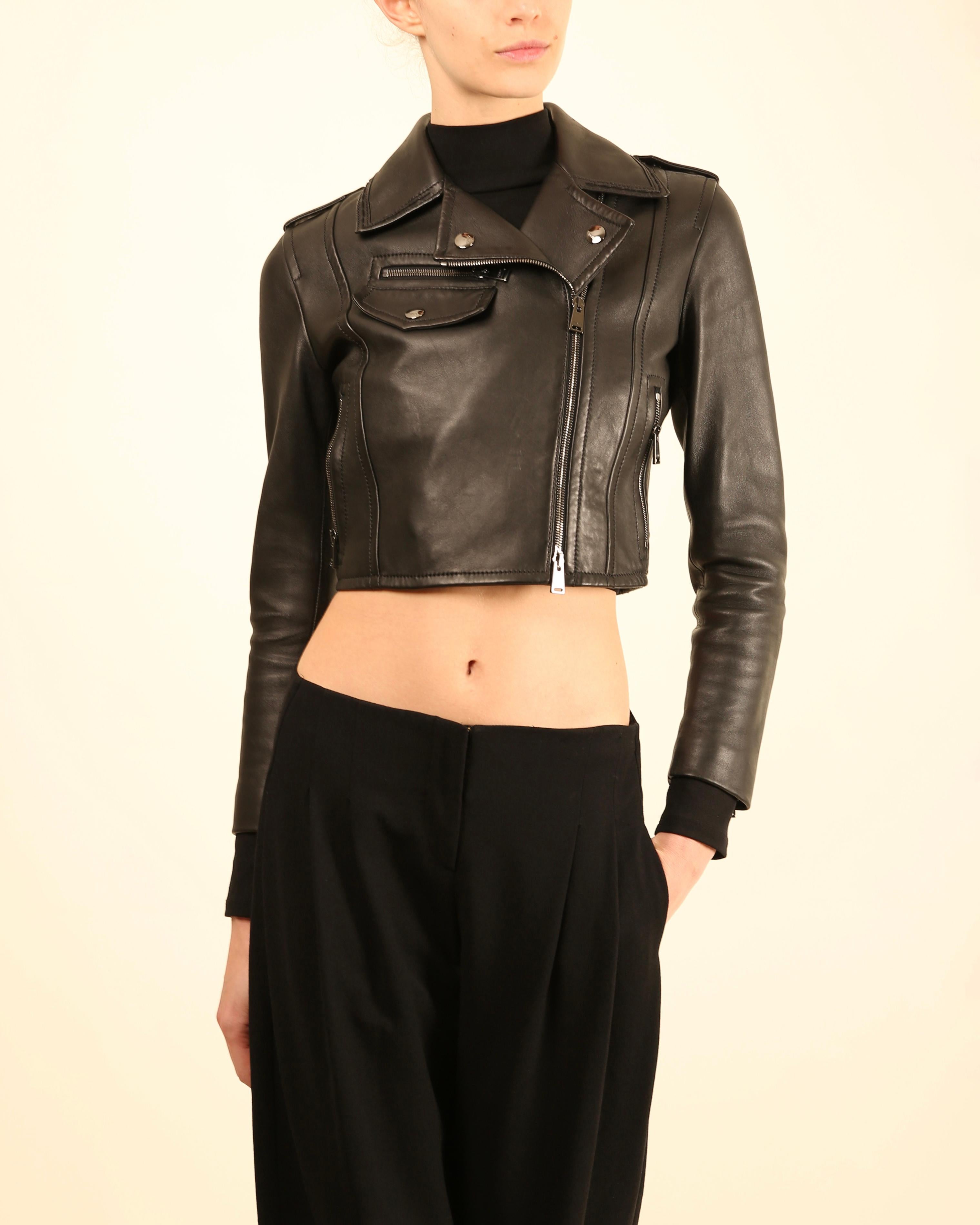 Fendi negro recortado plata cremallera ajustada chaqueta de cuero abrigo IT 36 XS en venta 3