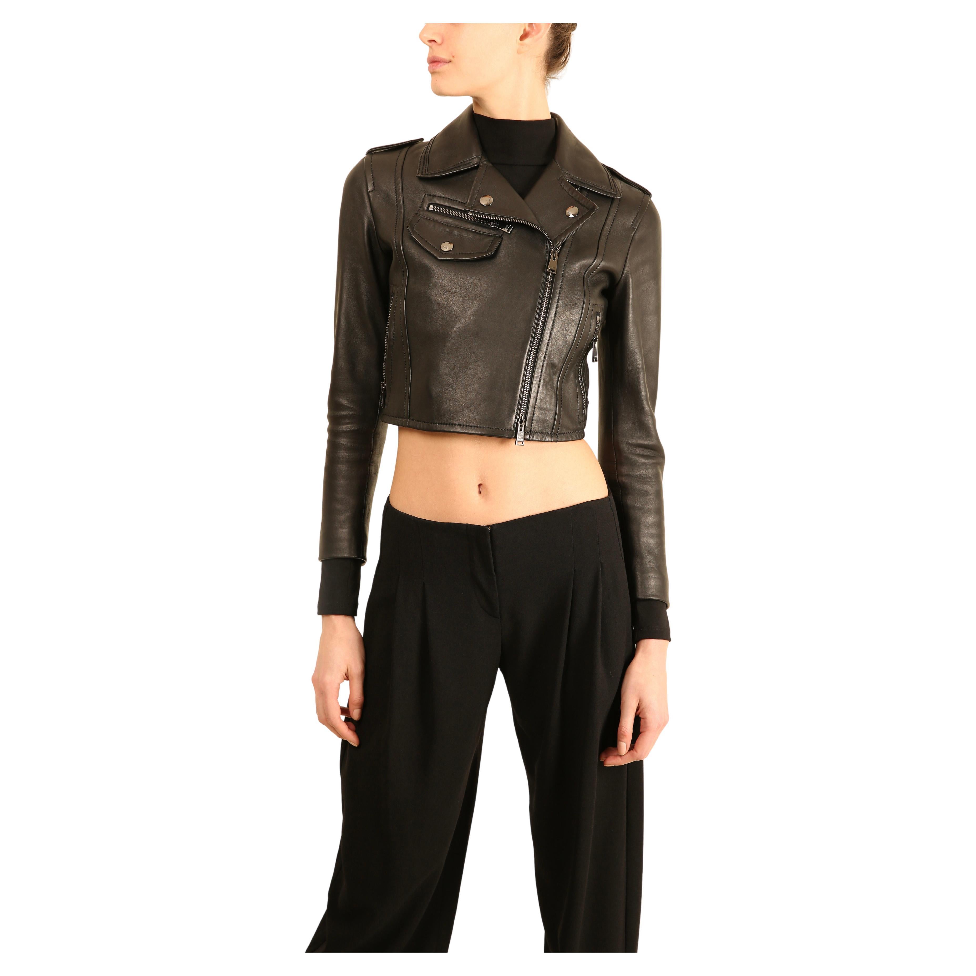 Fendi noir cropped silver zip fitted leather jacket coat IT 36 XS en vente