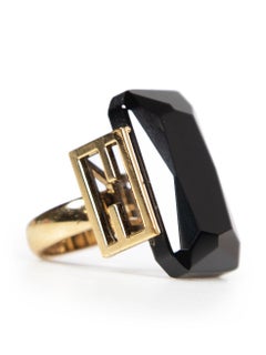 Fendi Black Crystal Gold Toned Metal Ring