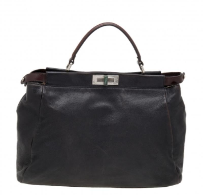 Fendi Black/Dark Brown Leather Large Peekaboo Top Handle Bag In Fair Condition For Sale In Dubai, Al Qouz 2