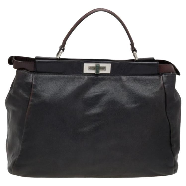 Fendi Black/Dark Brown Leather Large Peekaboo Top Handle Bag For Sale