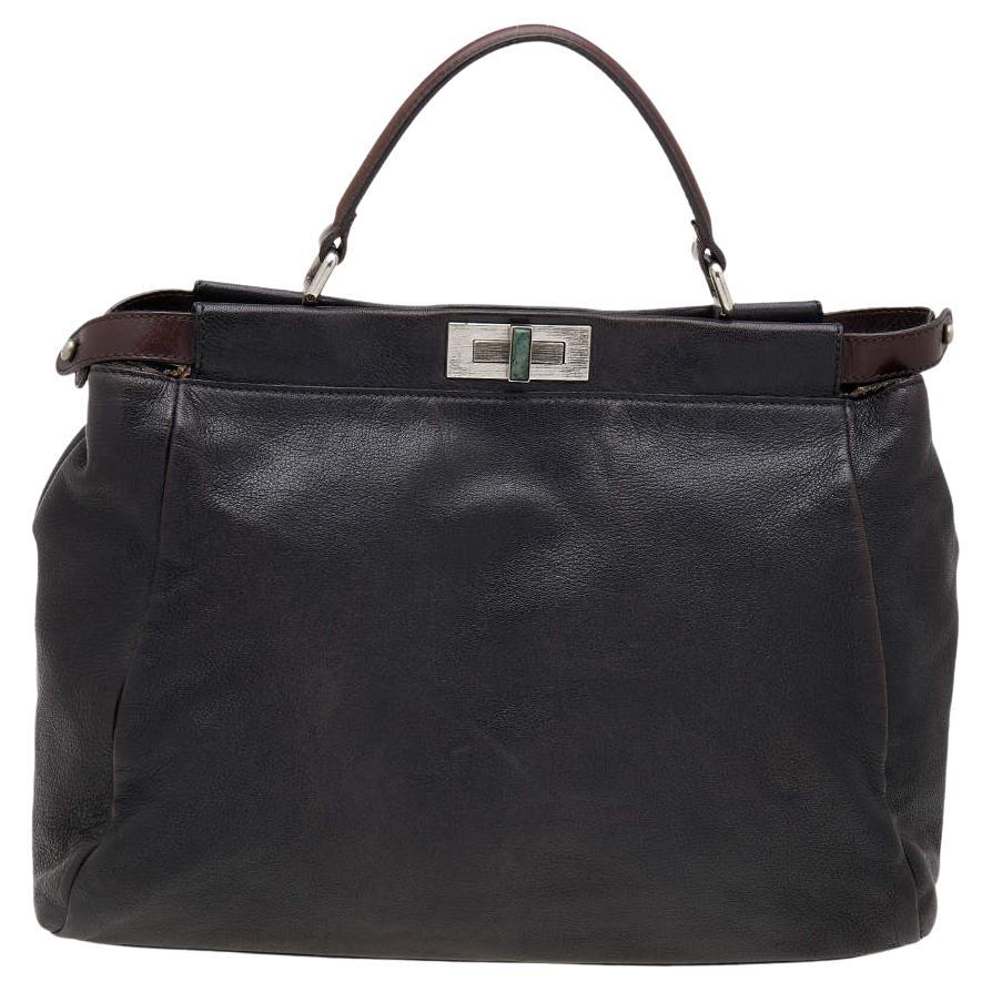 Fendi Black/Dark Brown Leather Large Peekaboo Top Handle Bag For Sale