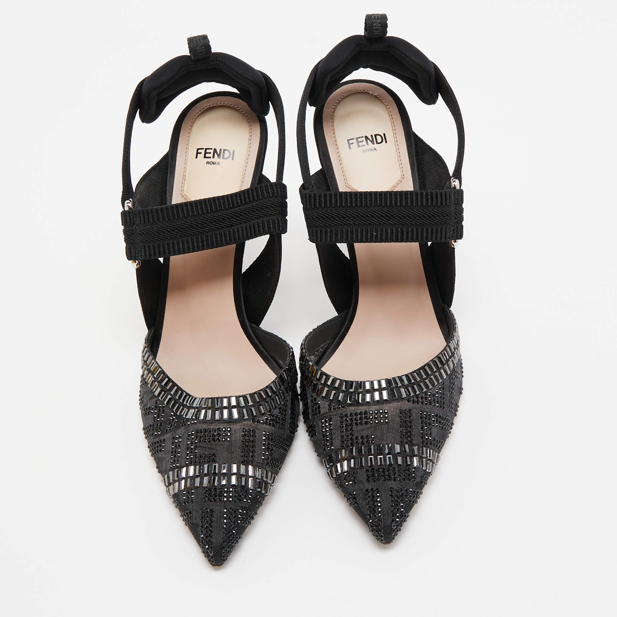 Fendi Black Embellished Mesh And Nylon Colibri Slingback Sandals Size 38 In Good Condition In Dubai, Al Qouz 2