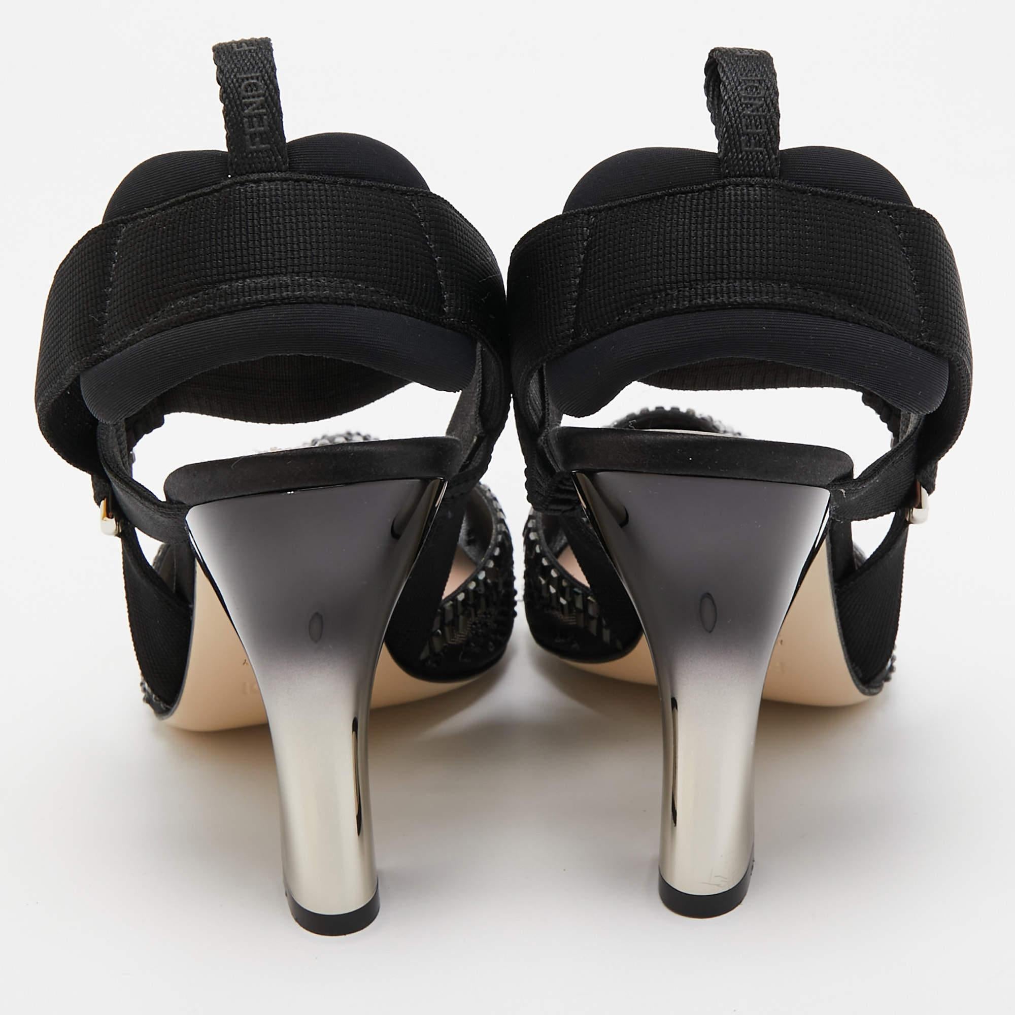 Women's Fendi Black Embellished Mesh And Nylon Colibri Slingback Sandals Size 38