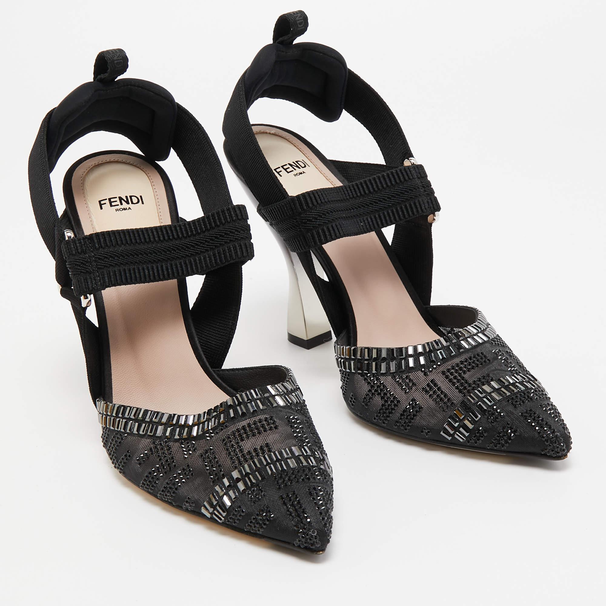 Fendi Black Embellished Mesh And Nylon Colibri Slingback Sandals Size 38 1