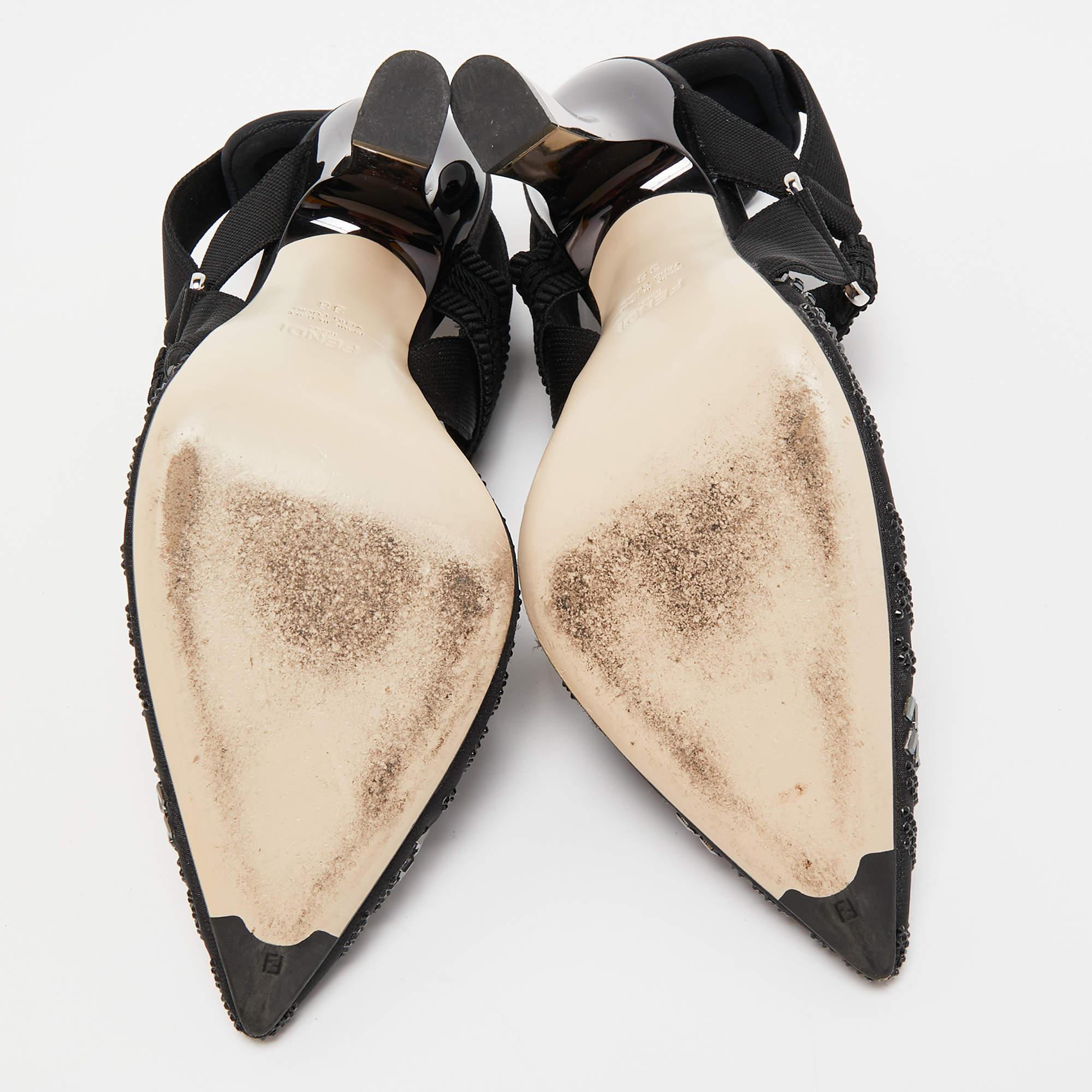 Fendi Black Embellished Mesh And Nylon Colibri Slingback Sandals Size 38 3