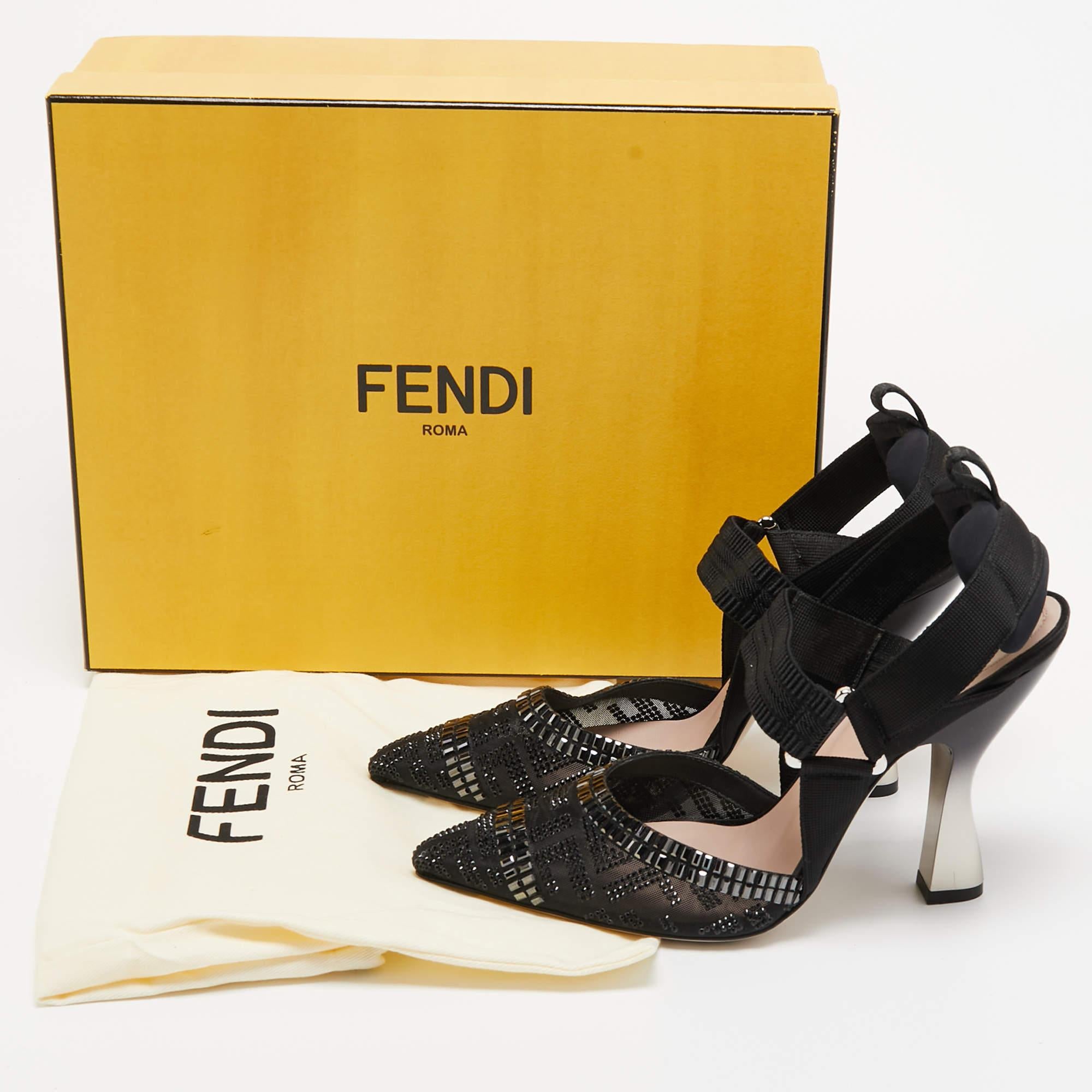 Fendi Black Embellished Mesh And Nylon Colibri Slingback Sandals Size 38 5