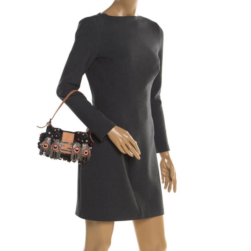 Fendi Black Embellished Micro Baguette Shoulder Bag In Fair Condition In Dubai, Al Qouz 2