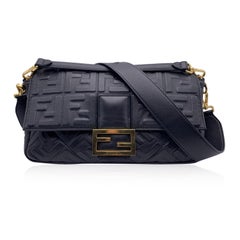 Fendi Black Embossed FF Logo Leather Baguette XL Shoulder Bag