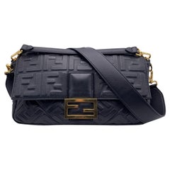 Used Fendi Black Embossed FF Logo Leather Baguette XL Shoulder Bag