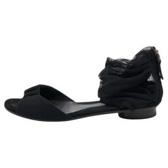 Used Fendi Black Fabric and Suede Bow Open Toe Flat Sandals Size 37