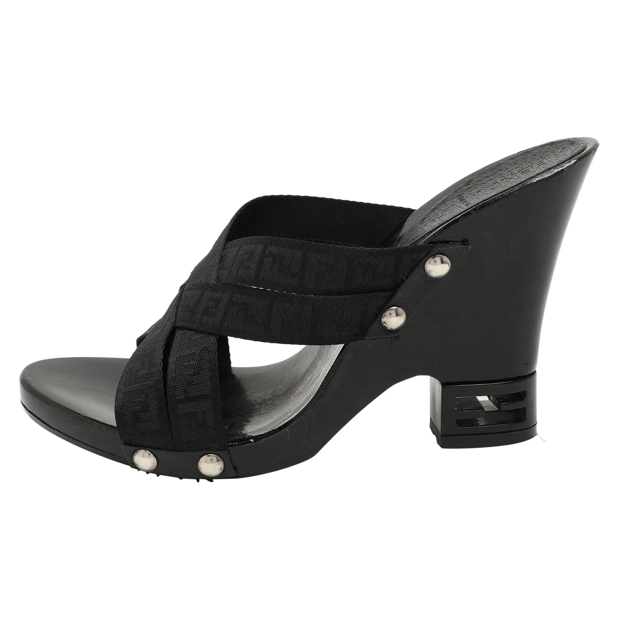 Fendi Sandalias negras de lona FF Criss Cross Slide Talla 39 en venta