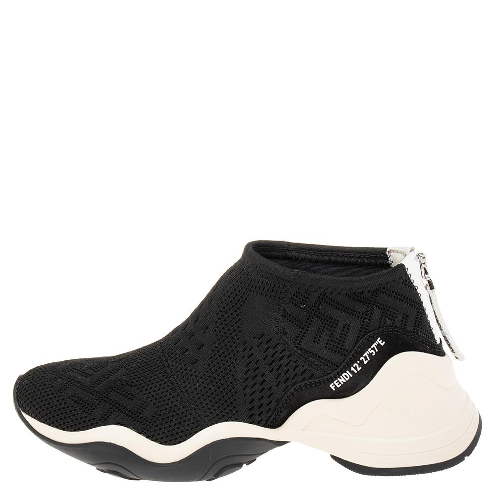 These sneakers from Fendi are a perfect blend of comfort and style! They have been crafted using black FF-logo knit fabric into a high-top silhouette. They come with covered toes and zipper fastenings on the counters. Comfortable and classy, these