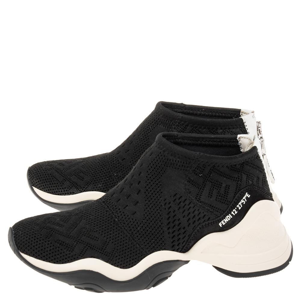 Fendi Black FF Logo Knit Fabric High Top Sneakers Size 38 In Excellent Condition In Dubai, Al Qouz 2
