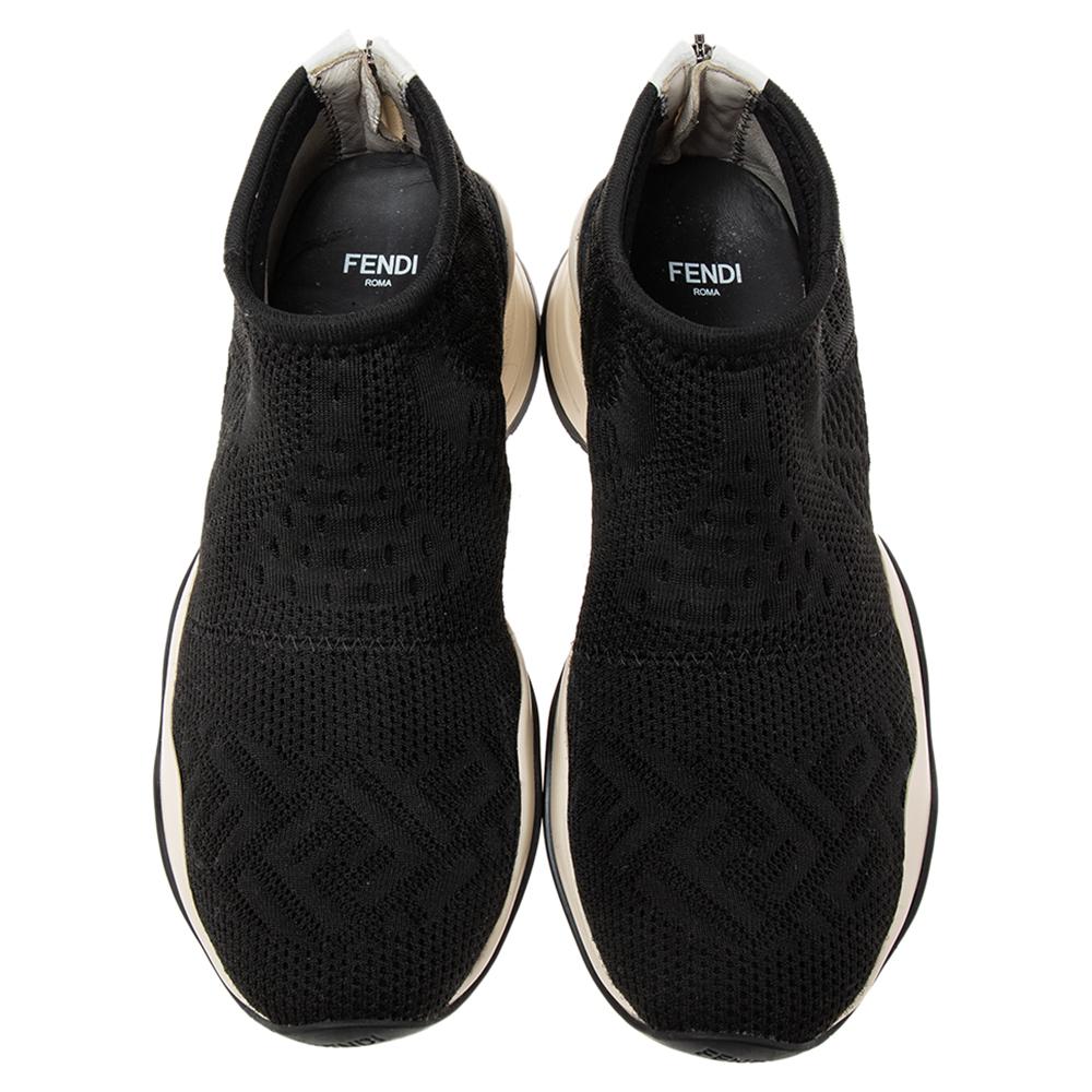 Fendi Black FF Logo Knit Fabric High Top Sneakers Size 38 1
