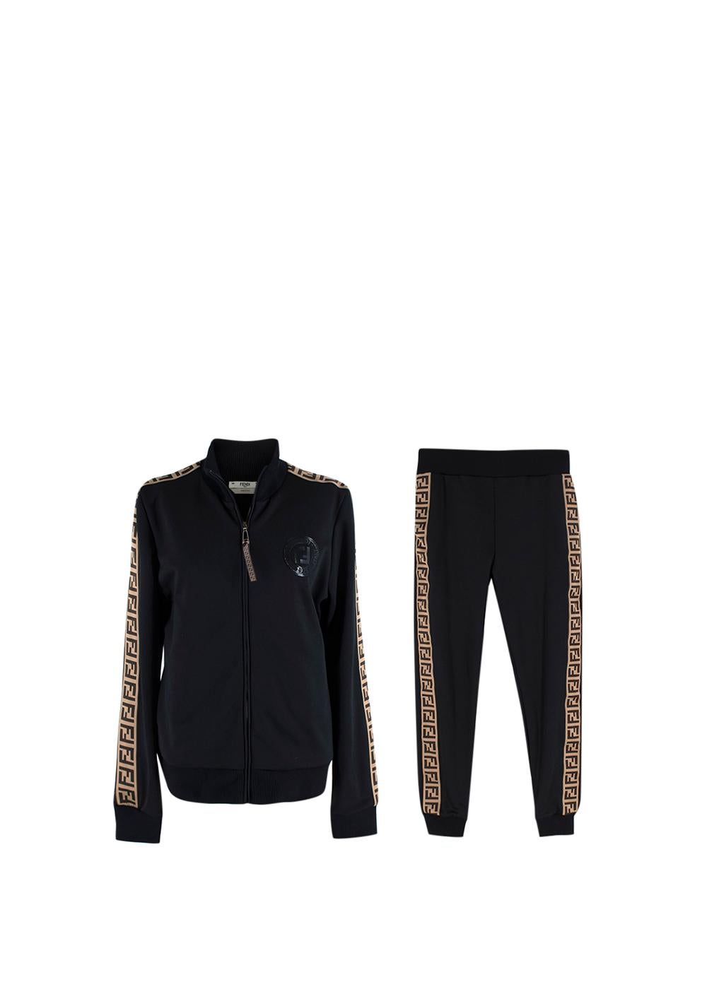 Fendi Black FF Trimmed Track Jacket & Joggers

- Matching track jacket and taped joggers in a black stretch knit 
- FF side stripes adorn the jacket sleeves and trouser edges
- Funnel neck track jacket, with zip-through opening, and ribbed collar,