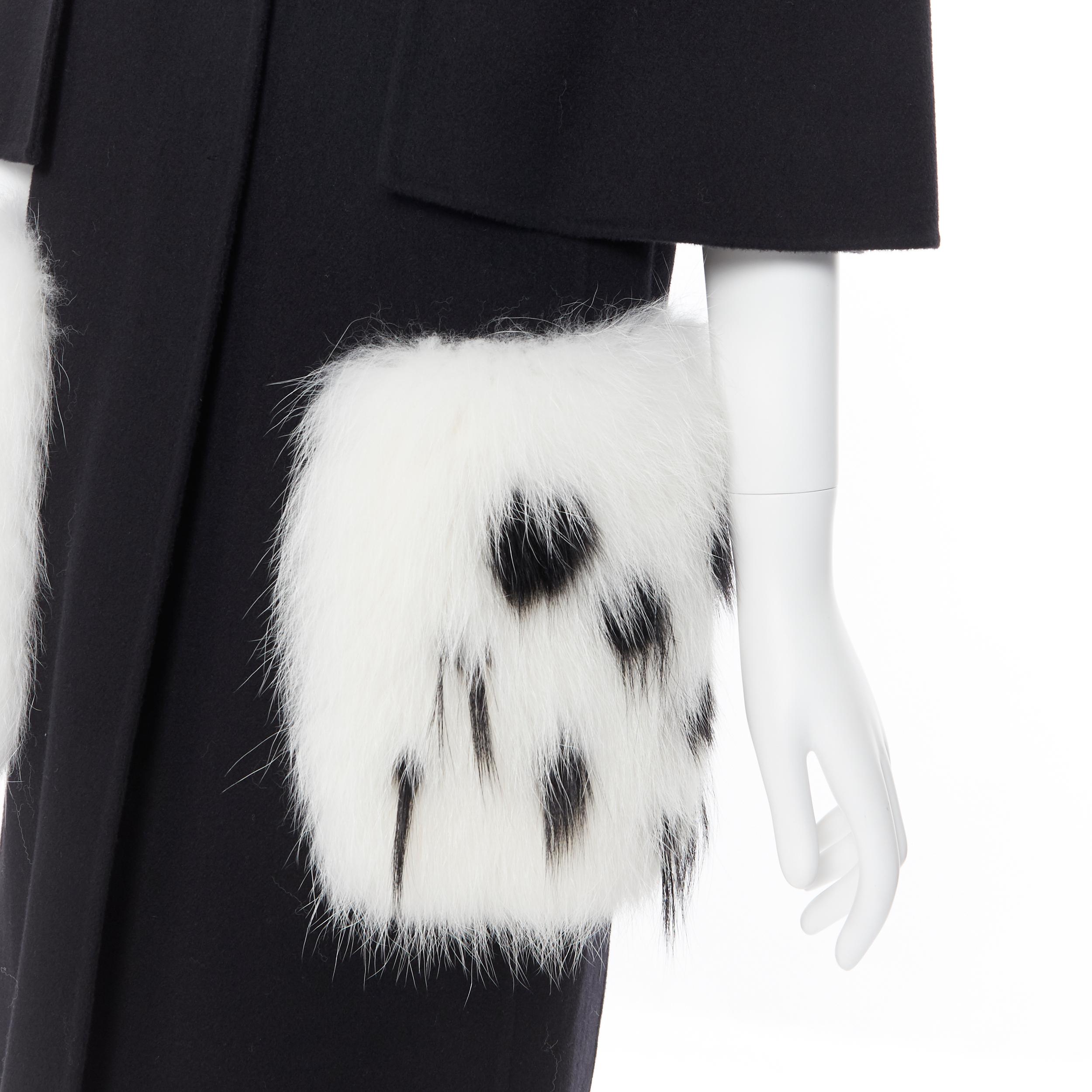 FENDI black fleece wool white spotted fox fur patch pocket cocoon coat IT36 XS
Brand: Fendi
Model Name / Style: Wool coat
Material: Wool
Color: Black
Pattern: Solid
Closure: Snap
Extra Detail: Cocoon capelet sleeves. Fox fur patched pockets at