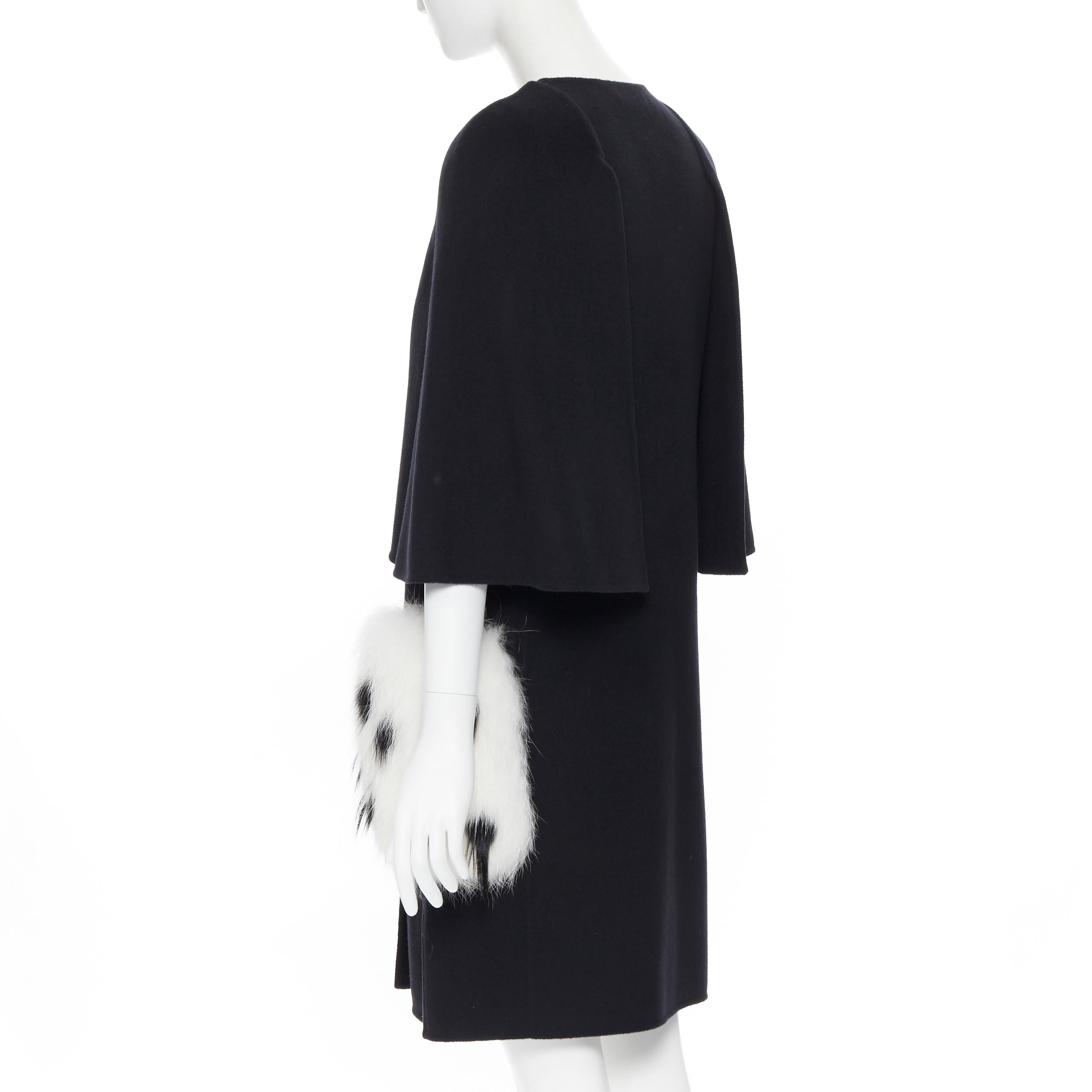 Women's FENDI black fleece wool white spotted fox fur patch pocket cocoon coat IT36 XS