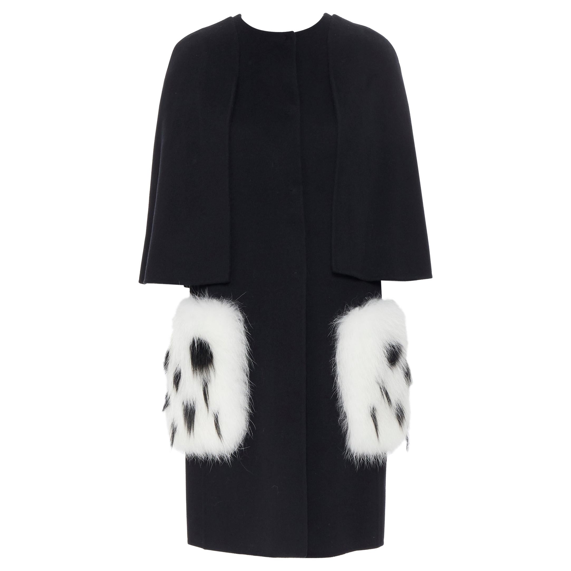 FENDI black fleece wool white spotted fox fur patch pocket cocoon coat IT36 XS