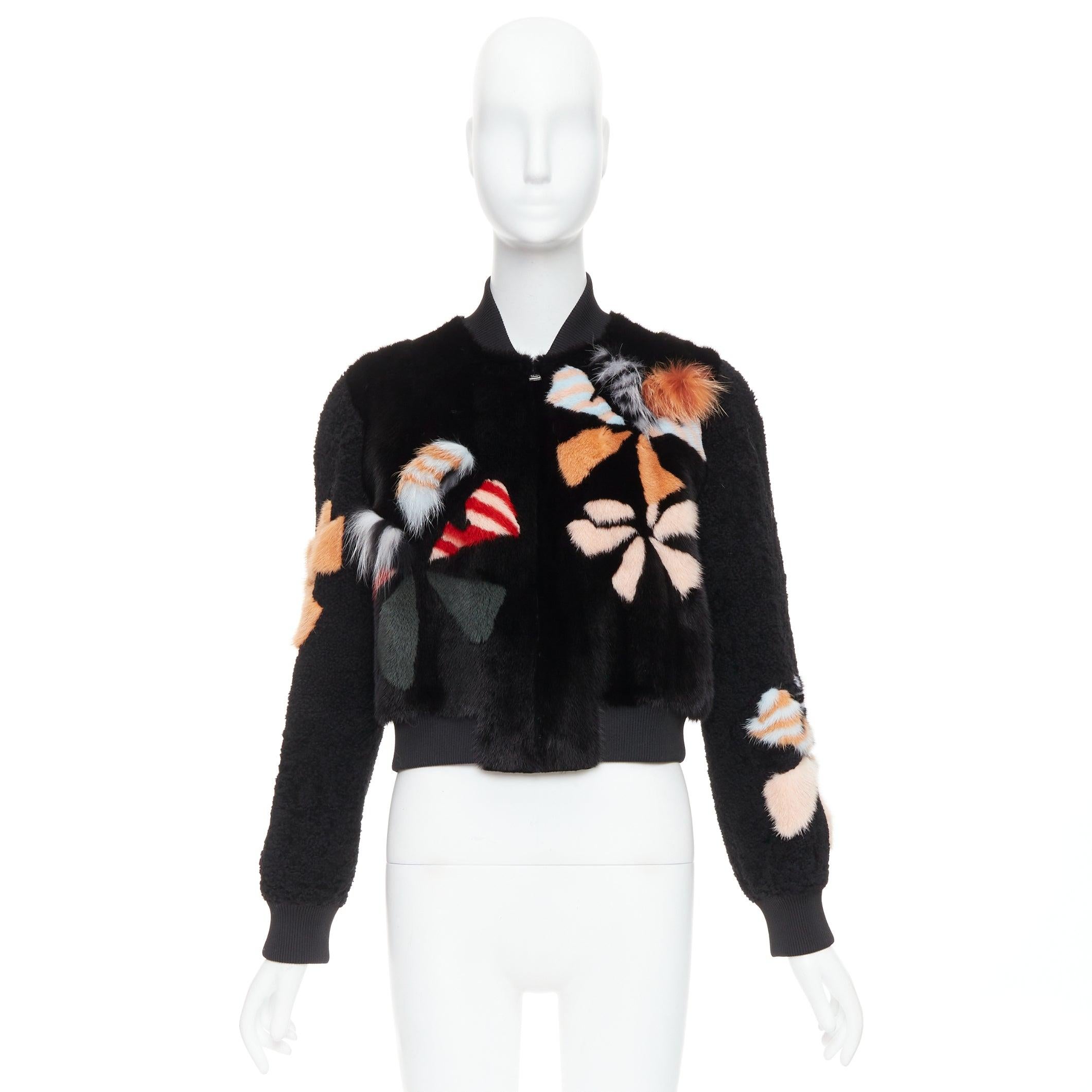 FENDI black floral fur leather lined cropped bomber jacket IT40 S For Sale 5