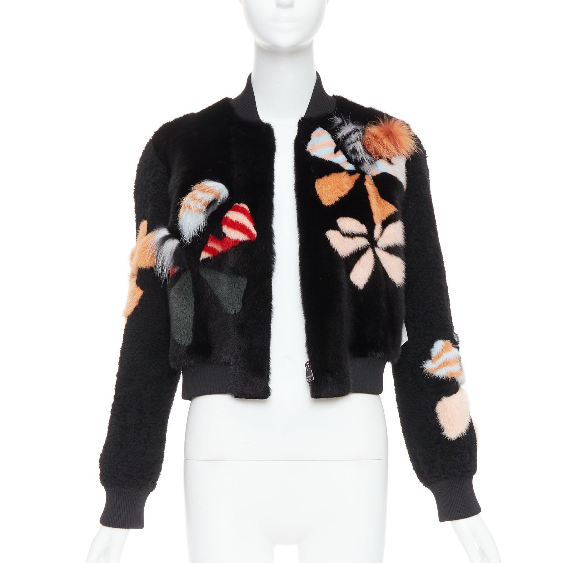 Black FENDI black floral fur leather lined cropped bomber jacket IT40 S For Sale